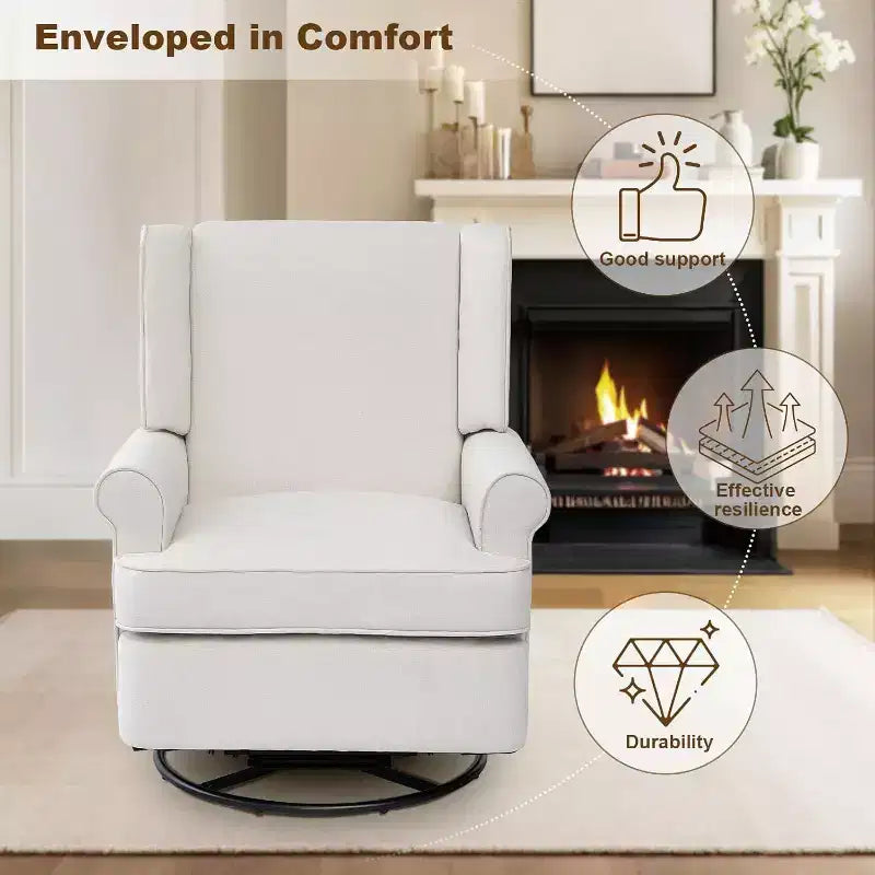 Acekool Swivel Recliner Chair, Small Rocker Recliner with High-Density Sponge, Linen Cotton Upholstery, 360 Rock & Swivel, White