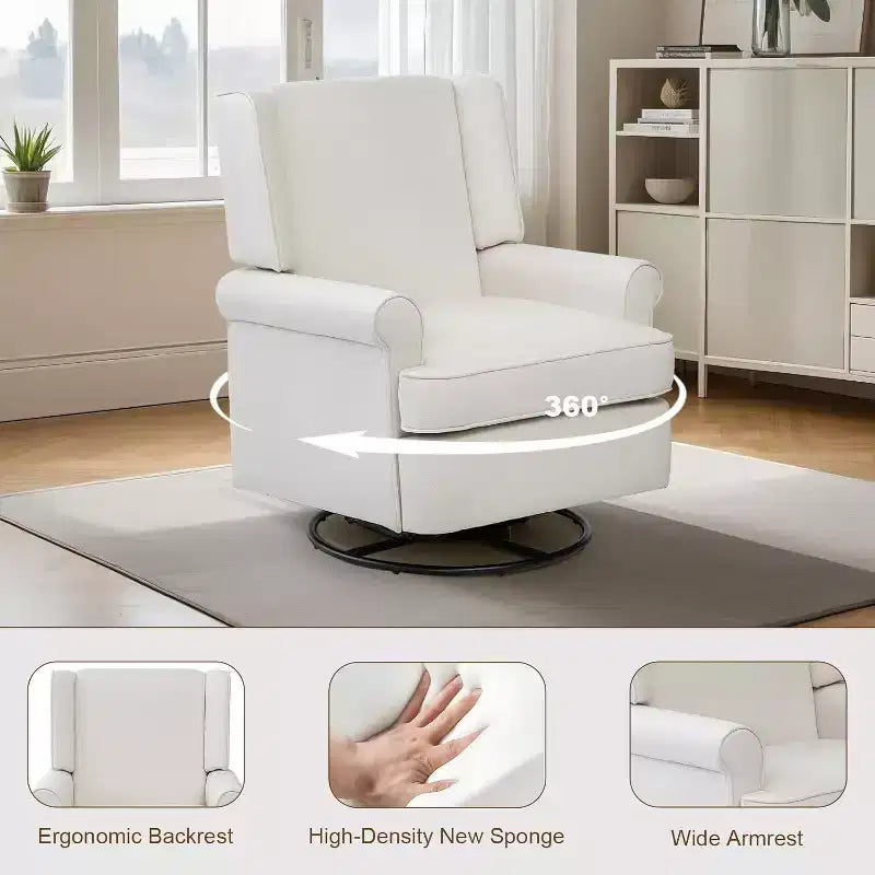 Acekool Swivel Recliner Chair, Small Rocker Recliner with High-Density Sponge, Linen Cotton Upholstery, 360 Rock & Swivel, White