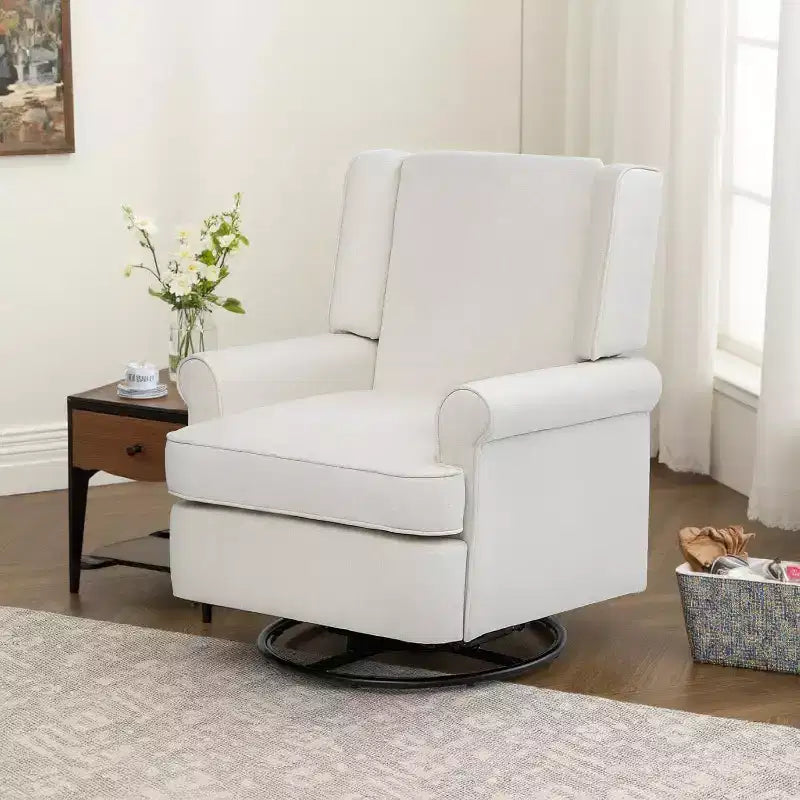 Acekool Swivel Recliner Chair, Small Rocker Recliner with High-Density Sponge, Linen Cotton Upholstery, 360 Rock & Swivel, White