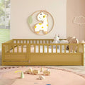 Bellemave Full Size Montessori Floor Bed with High Fence & Door, Solid Pine Wood Frame, Slat Support, Kids Play & Sleep Bed, Natural
