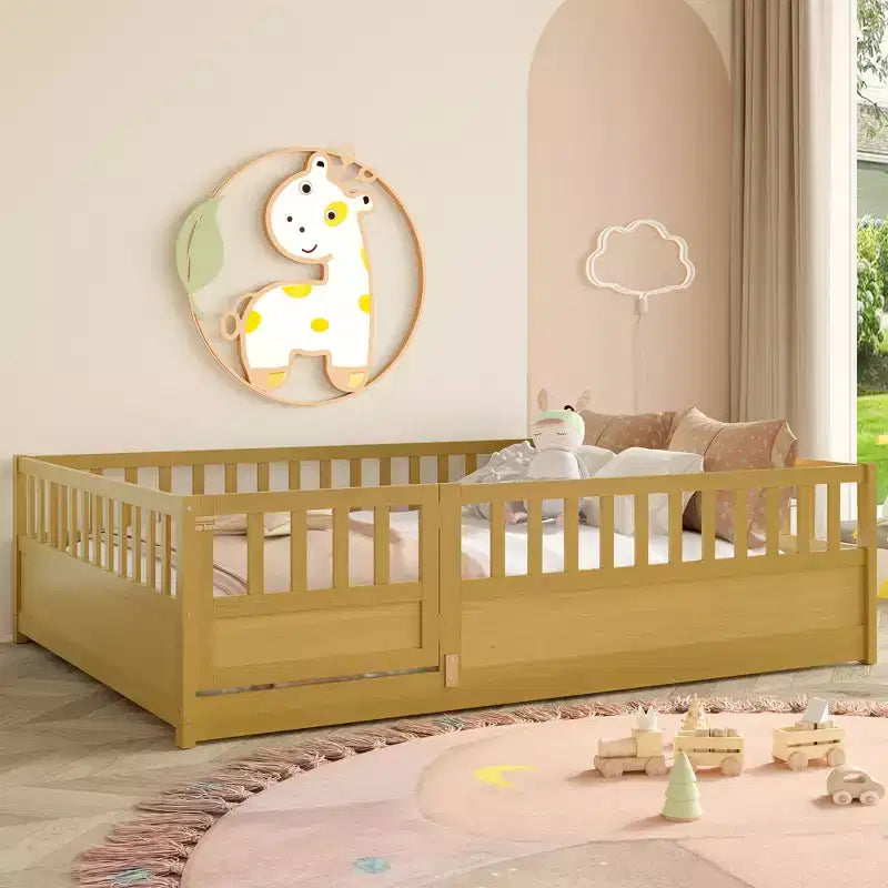 Bellemave Full Size Montessori Floor Bed with High Fence & Door, Solid Pine Wood Frame, Slat Support, Kids Play & Sleep Bed, Natural