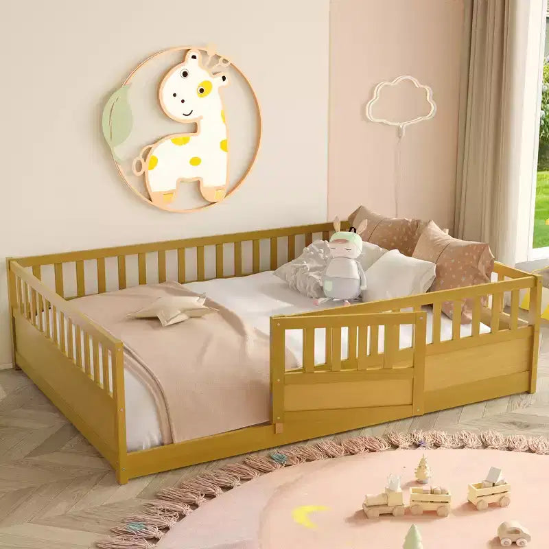 Bellemave Full Size Montessori Floor Bed with High Fence & Door, Solid Pine Wood Frame, Slat Support, Kids Play & Sleep Bed, Natural