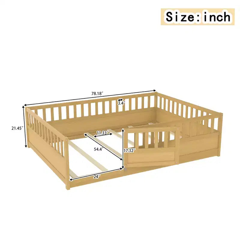 Bellemave Full Size Montessori Floor Bed with High Fence & Door, Solid Pine Wood Frame, Slat Support, Kids Play & Sleep Bed, Natural