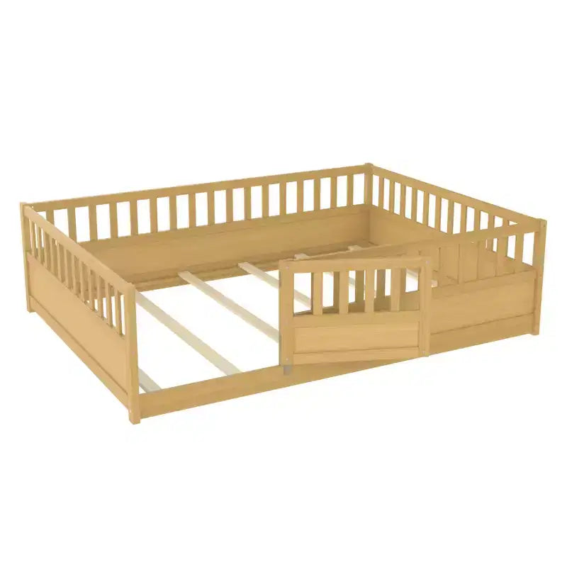 Bellemave Full Size Montessori Floor Bed with High Fence & Door, Solid Pine Wood Frame, Slat Support, Kids Play & Sleep Bed, Natural