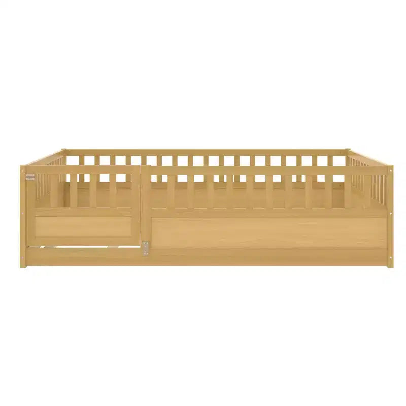 Bellemave Full Size Montessori Floor Bed with High Fence & Door, Solid Pine Wood Frame, Slat Support, Kids Play & Sleep Bed, Natural