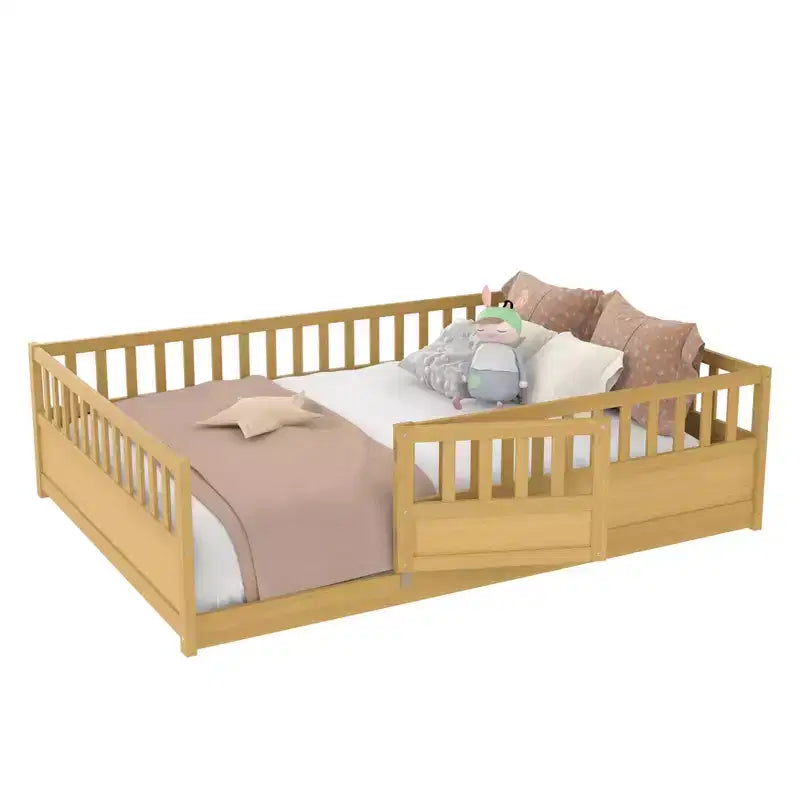 Bellemave Full Size Montessori Floor Bed with High Fence & Door, Solid Pine Wood Frame, Slat Support, Kids Play & Sleep Bed, Natural