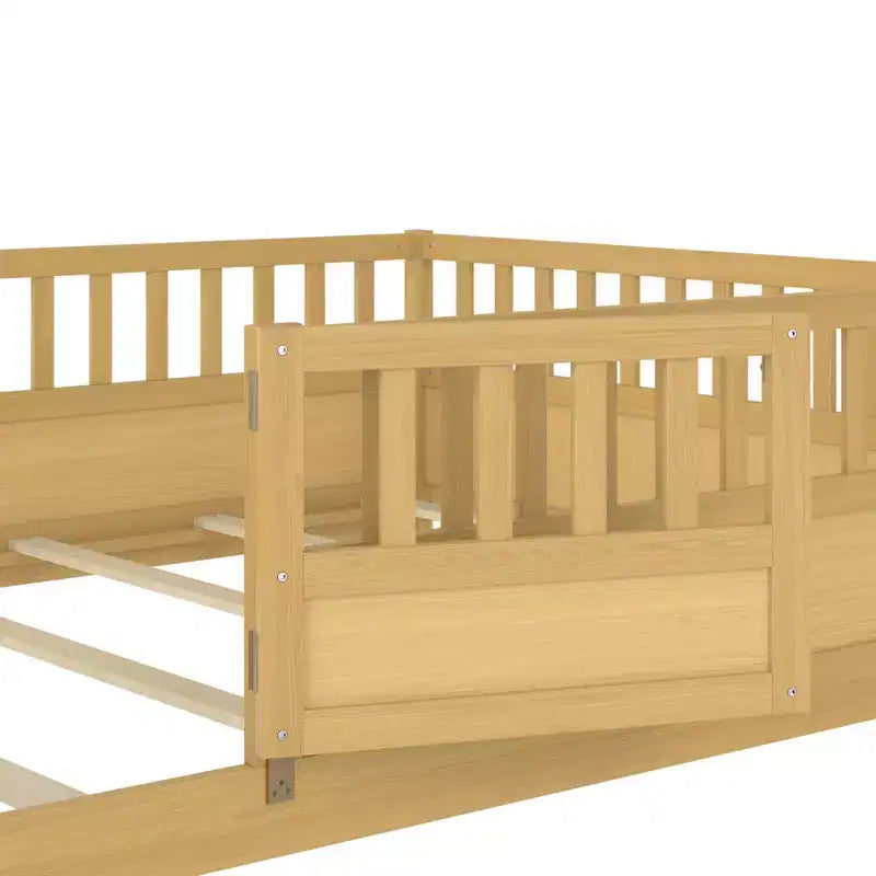 Bellemave Full Size Montessori Floor Bed with High Fence & Door, Solid Pine Wood Frame, Slat Support, Kids Play & Sleep Bed, Natural
