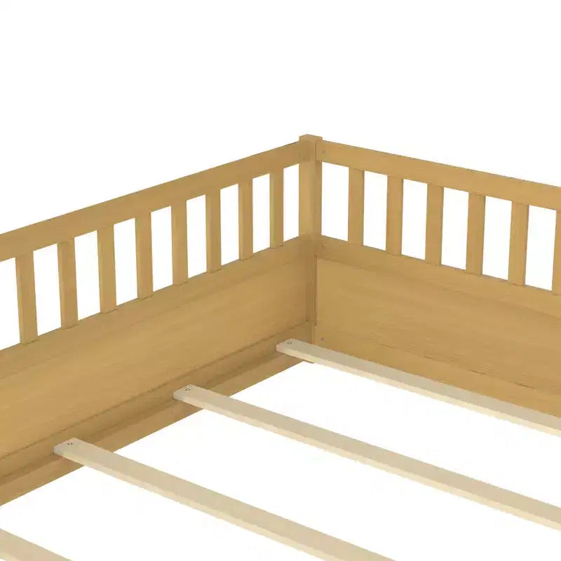 Bellemave Full Size Montessori Floor Bed with High Fence & Door, Solid Pine Wood Frame, Slat Support, Kids Play & Sleep Bed, Natural