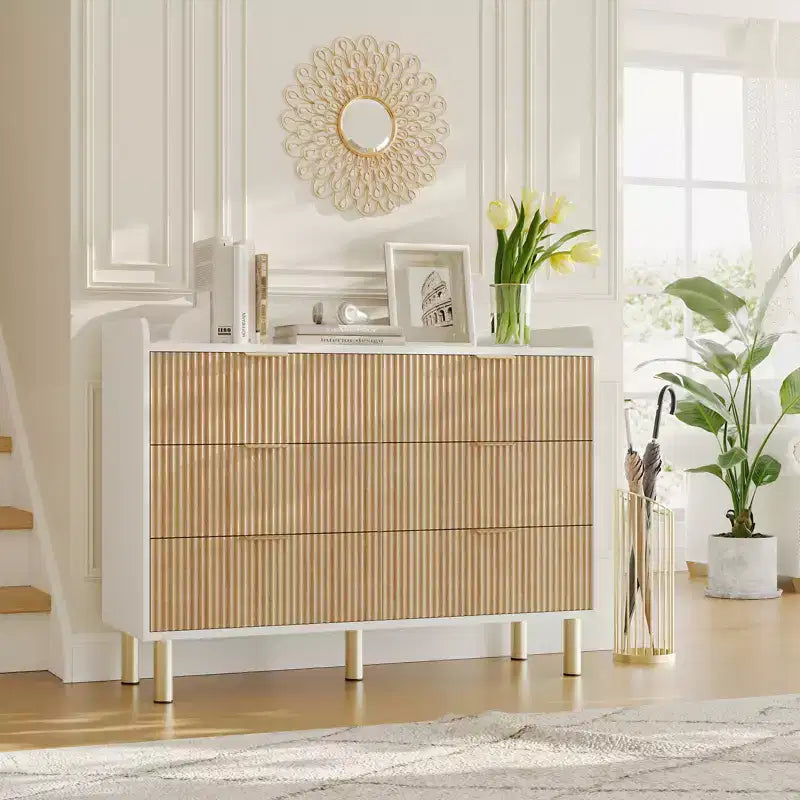 47.2 White Fluted Wood Dresser with 6 Drawers - Modern Curved Design & Metal Handles for Bedroom, Living Room & Entryway Storage