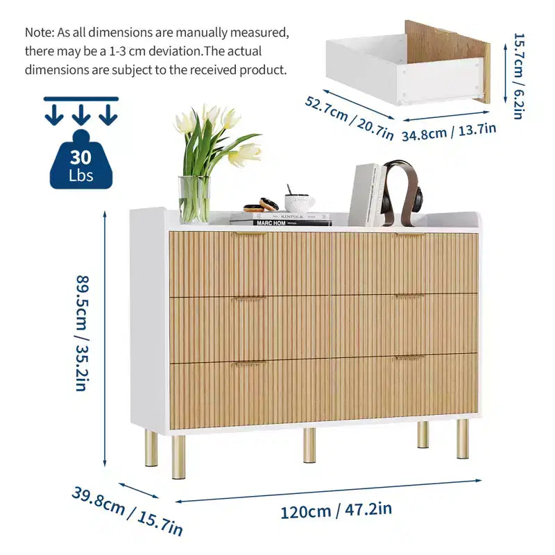 47.2 White Fluted Wood Dresser with 6 Drawers - Modern Curved Design & Metal Handles for Bedroom, Living Room & Entryway Storage