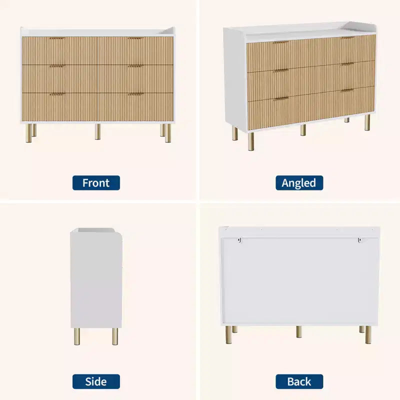 47.2 White Fluted Wood Dresser with 6 Drawers - Modern Curved Design & Metal Handles for Bedroom, Living Room & Entryway Storage