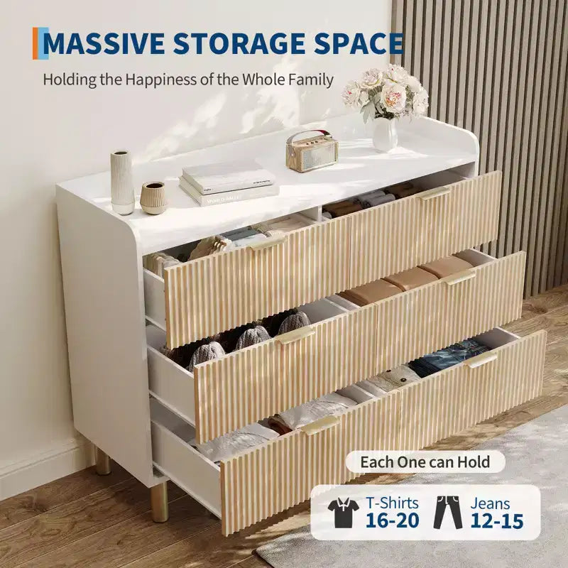 47.2 White Fluted Wood Dresser with 6 Drawers - Modern Curved Design & Metal Handles for Bedroom, Living Room & Entryway Storage