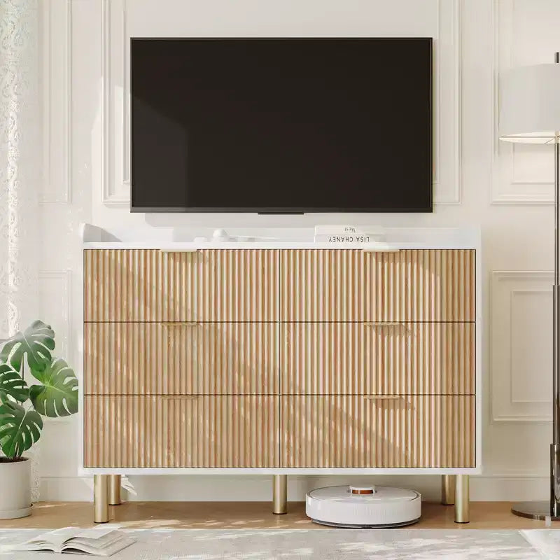 47.2 White Fluted Wood Dresser with 6 Drawers - Modern Curved Design & Metal Handles for Bedroom, Living Room & Entryway Storage