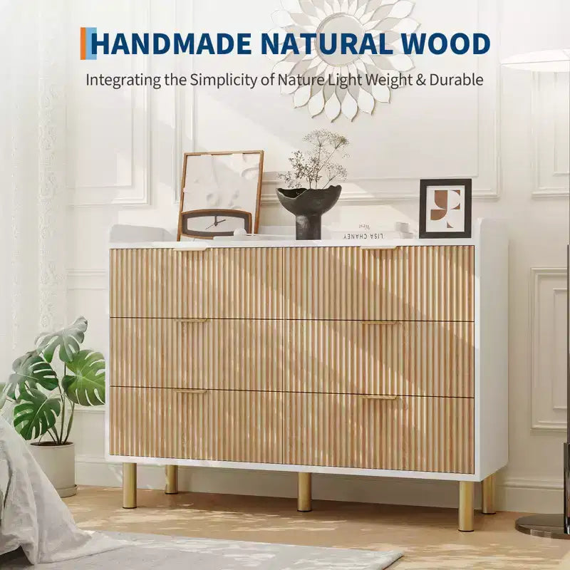 47.2 White Fluted Wood Dresser with 6 Drawers - Modern Curved Design & Metal Handles for Bedroom, Living Room & Entryway Storage