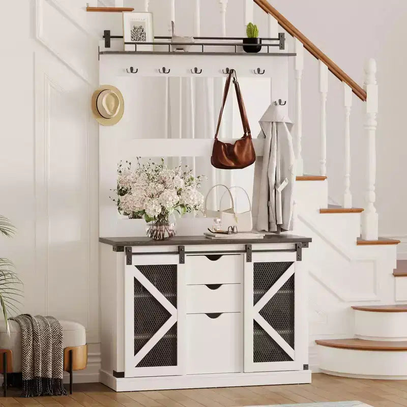 Hall Tree Bench with 7 Hooks, 3 Drawers & Shoe Cubbies Entryway Mudroom Storage Bench