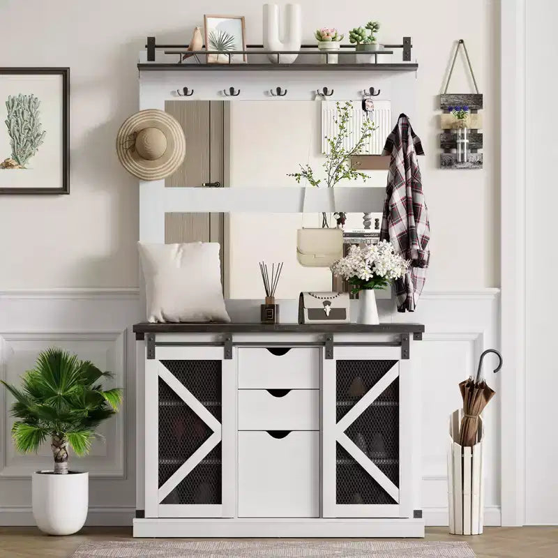 Hall Tree Bench with 7 Hooks, 3 Drawers & Shoe Cubbies Entryway Mudroom Storage Bench