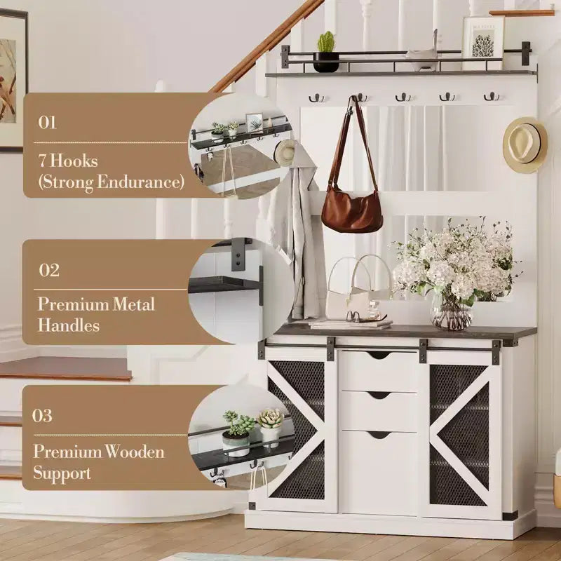 Hall Tree Bench with 7 Hooks, 3 Drawers & Shoe Cubbies Entryway Mudroom Storage Bench