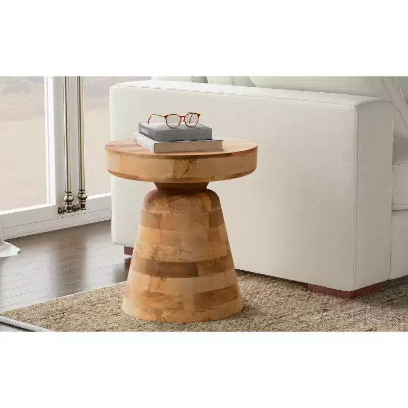 Krentz SOLID MANGO WOOD 16 inch Wide Round Boho Contemporary Rustic Accent Table, Fully Assembled