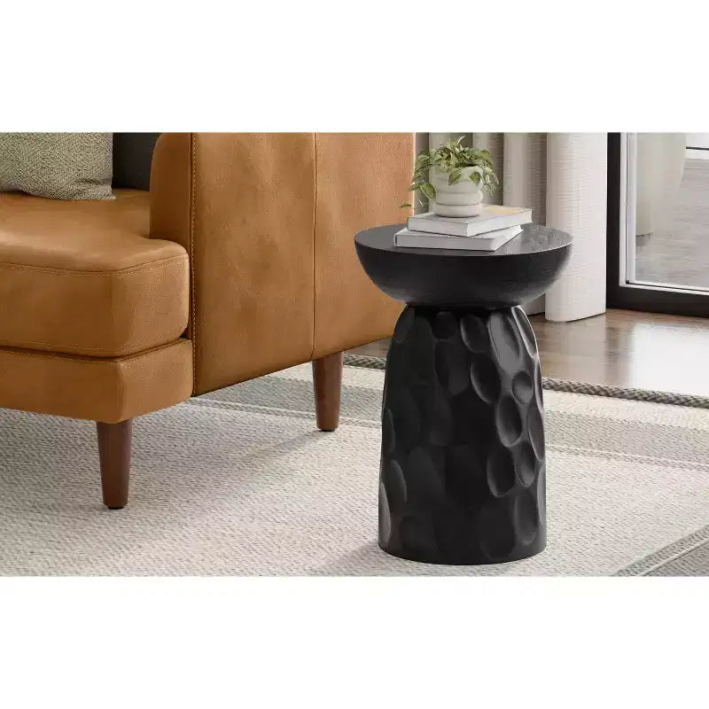 Willis 13 inch Wide Solid Mango Contemporary V-Chisel Accent Table in Black, Assembled