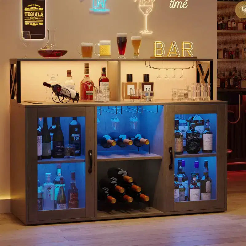 Cabinet with Light, Home Cabinet with Wine Rack and Glass Holder, Coffee Buffet Sideboard Storage with Power Outlets, for Living Room