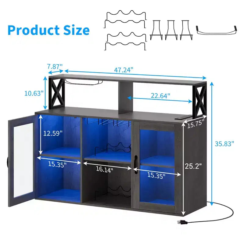 Cabinet with Light, Home Cabinet with Wine Rack and Glass Holder, Coffee Buffet Sideboard Storage with Power Outlets, for Living Room