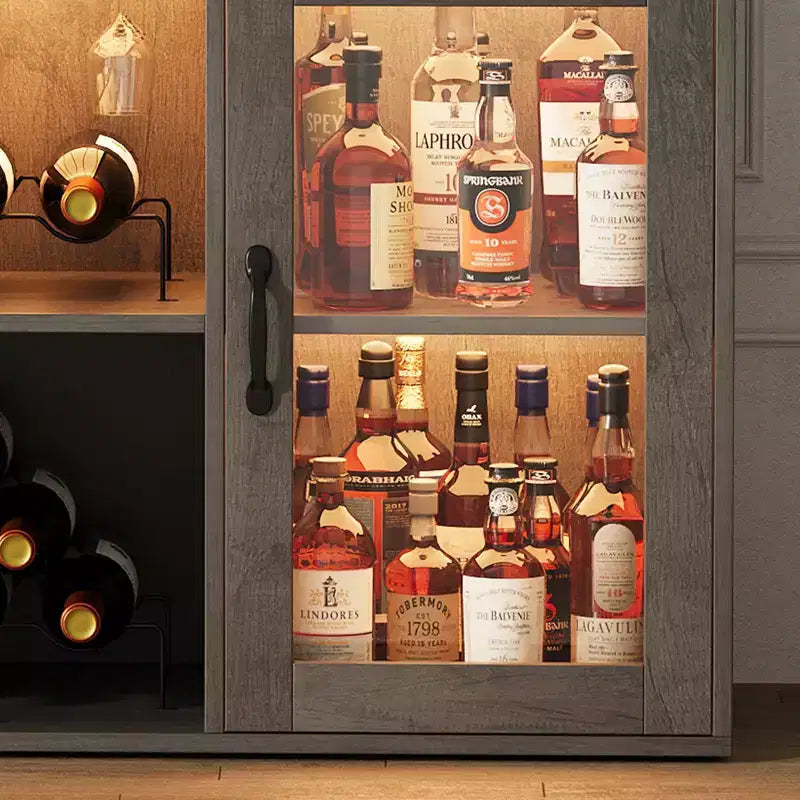 Cabinet with Light, Home Cabinet with Wine Rack and Glass Holder, Coffee Buffet Sideboard Storage with Power Outlets, for Living Room
