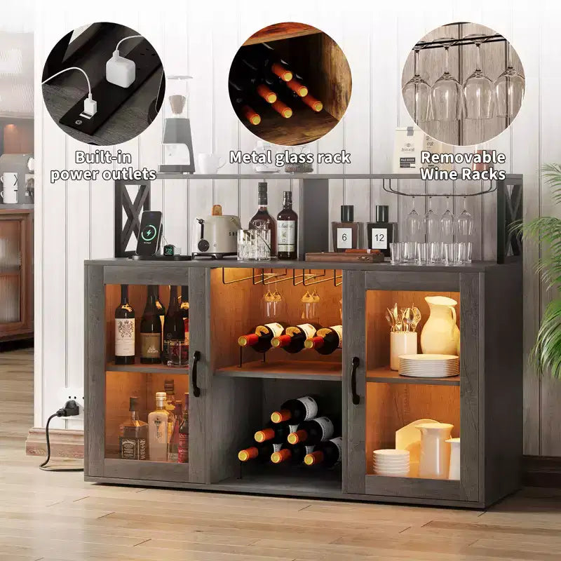 Cabinet with Light, Home Cabinet with Wine Rack and Glass Holder, Coffee Buffet Sideboard Storage with Power Outlets, for Living Room