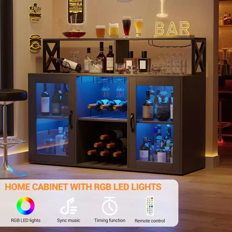 Cabinet with Light, Home Cabinet with Wine Rack and Glass Holder, Coffee Buffet Sideboard Storage with Power Outlets, for Living Room