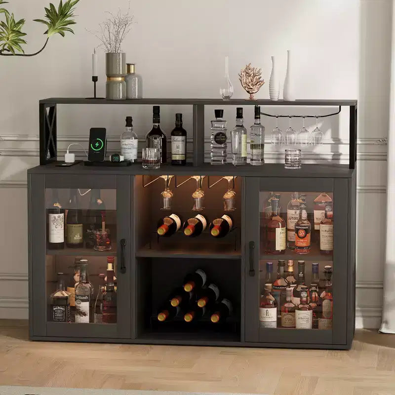 Cabinet with Light, Home Cabinet with Wine Rack and Glass Holder, Coffee Buffet Sideboard Storage with Power Outlets, for Living Room