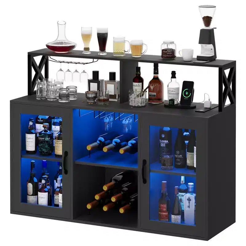 Cabinet with Light, Home Cabinet with Wine Rack and Glass Holder, Coffee Buffet Sideboard Storage with Power Outlets, for Living Room