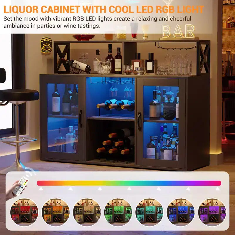 Cabinet with Light, Home Cabinet with Wine Rack and Glass Holder, Coffee Buffet Sideboard Storage with Power Outlets, for Living Room