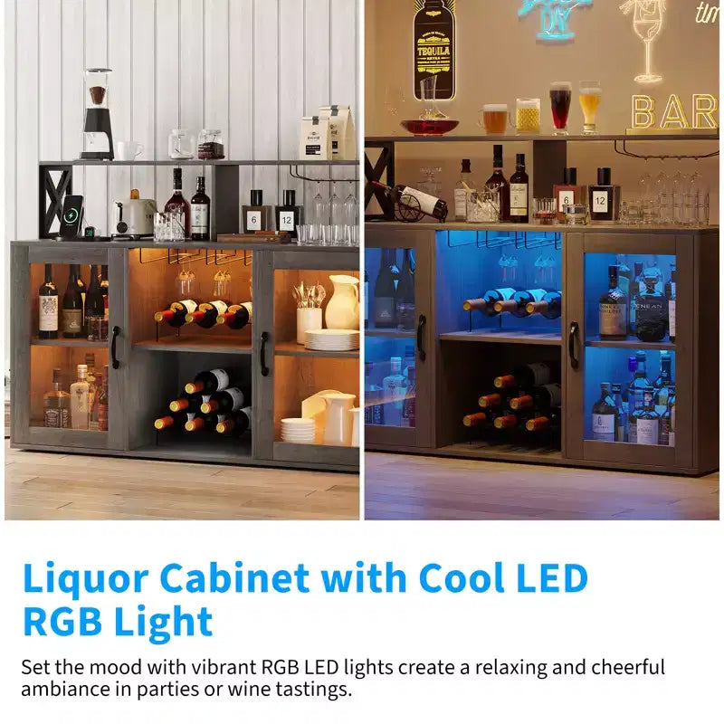 Cabinet with Light, Home Cabinet with Wine Rack and Glass Holder, Coffee Buffet Sideboard Storage with Power Outlets, for Living Room