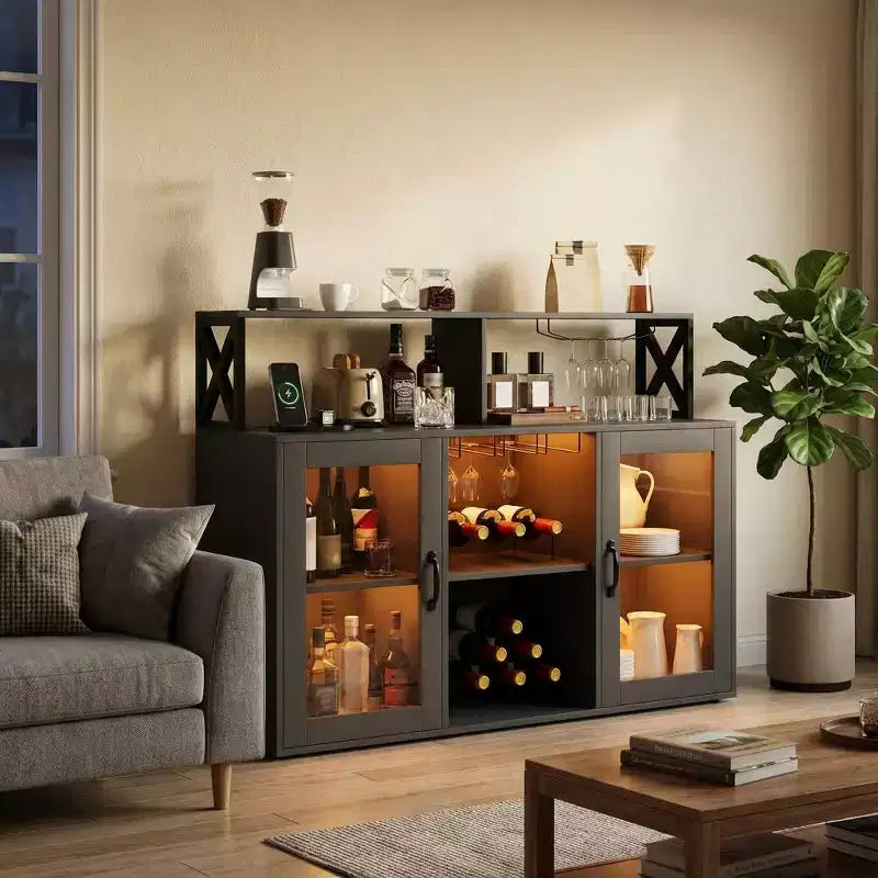 Cabinet with Light, Home Cabinet with Wine Rack and Glass Holder, Coffee Buffet Sideboard Storage with Power Outlets, for Living Room