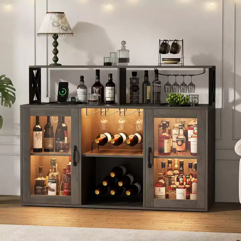 Cabinet with Light, Home Cabinet with Wine Rack and Glass Holder, Coffee Buffet Sideboard Storage with Power Outlets, for Living Room