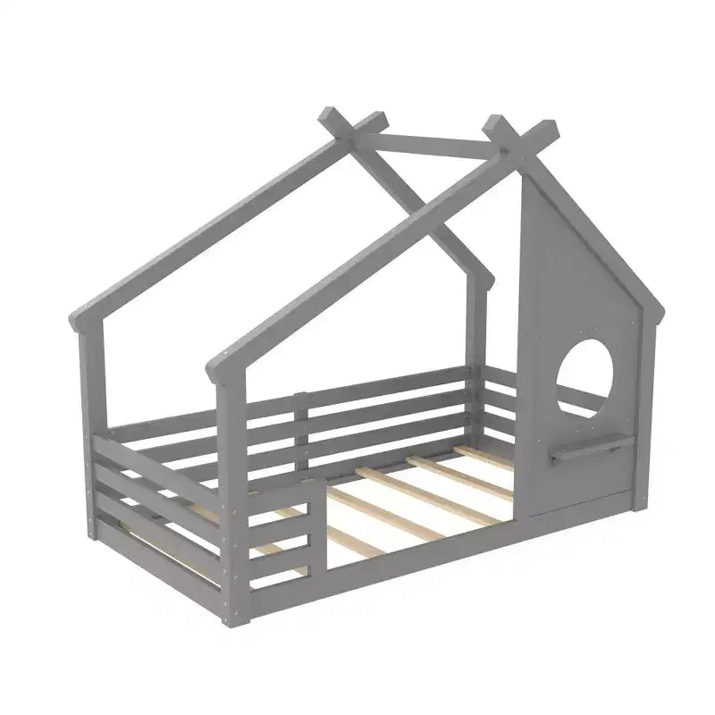 Twin/Full Size House Bed with Window and Shelf, Wood Floor Bed with Guardrails for Kids