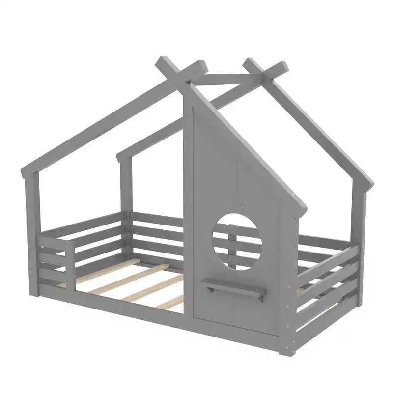 Twin/Full Size House Bed with Window and Shelf, Wood Floor Bed with Guardrails for Kids