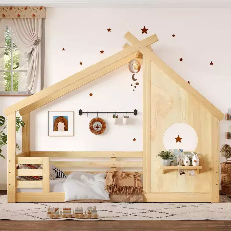 Twin/Full Size House Bed with Window and Shelf, Wood Floor Bed with Guardrails for Kids