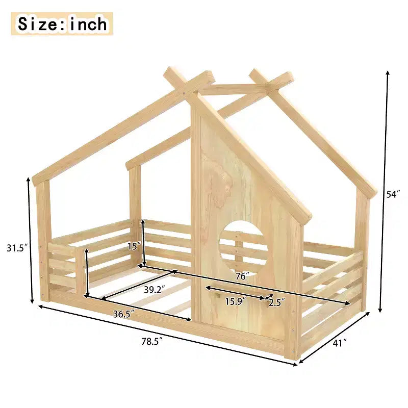 Twin/Full Size House Bed with Window and Shelf, Wood Floor Bed with Guardrails for Kids