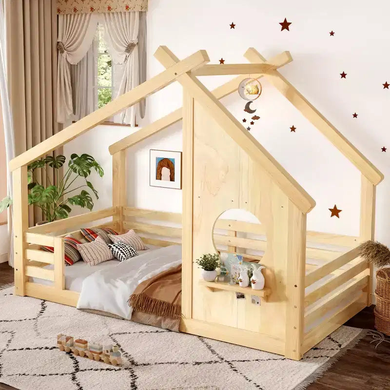 Twin/Full Size House Bed with Window and Shelf, Wood Floor Bed with Guardrails for Kids