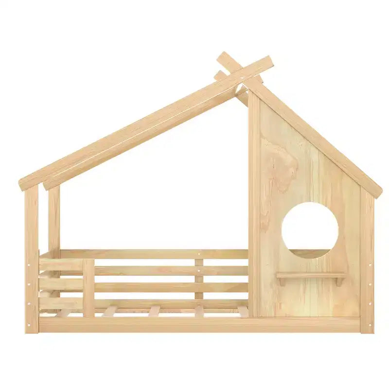 Twin/Full Size House Bed with Window and Shelf, Wood Floor Bed with Guardrails for Kids