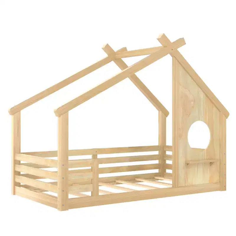 Twin/Full Size House Bed with Window and Shelf, Wood Floor Bed with Guardrails for Kids