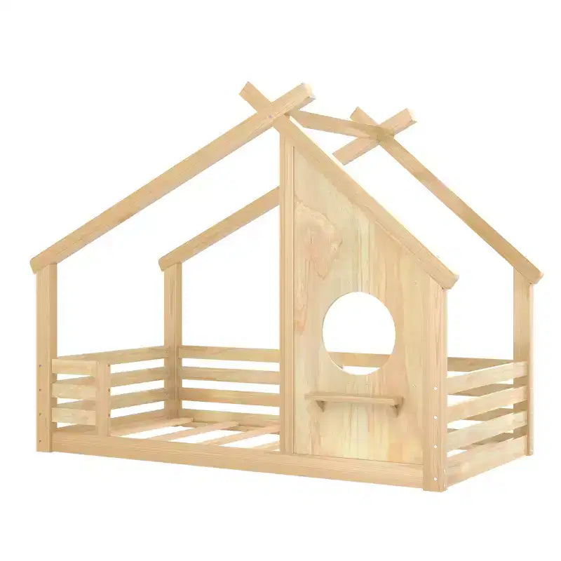 Twin/Full Size House Bed with Window and Shelf, Wood Floor Bed with Guardrails for Kids