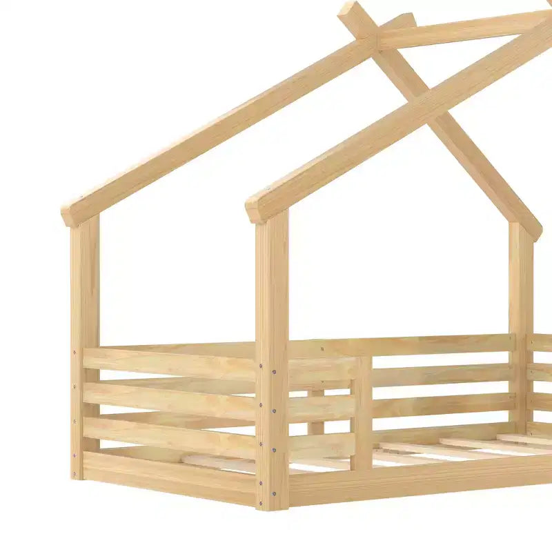 Twin/Full Size House Bed with Window and Shelf, Wood Floor Bed with Guardrails for Kids