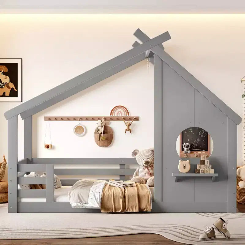 Twin/Full Size House Bed with Window and Shelf, Wood Floor Bed with Guardrails for Kids