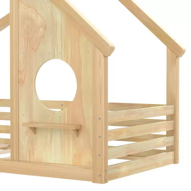 Twin/Full Size House Bed with Window and Shelf, Wood Floor Bed with Guardrails for Kids