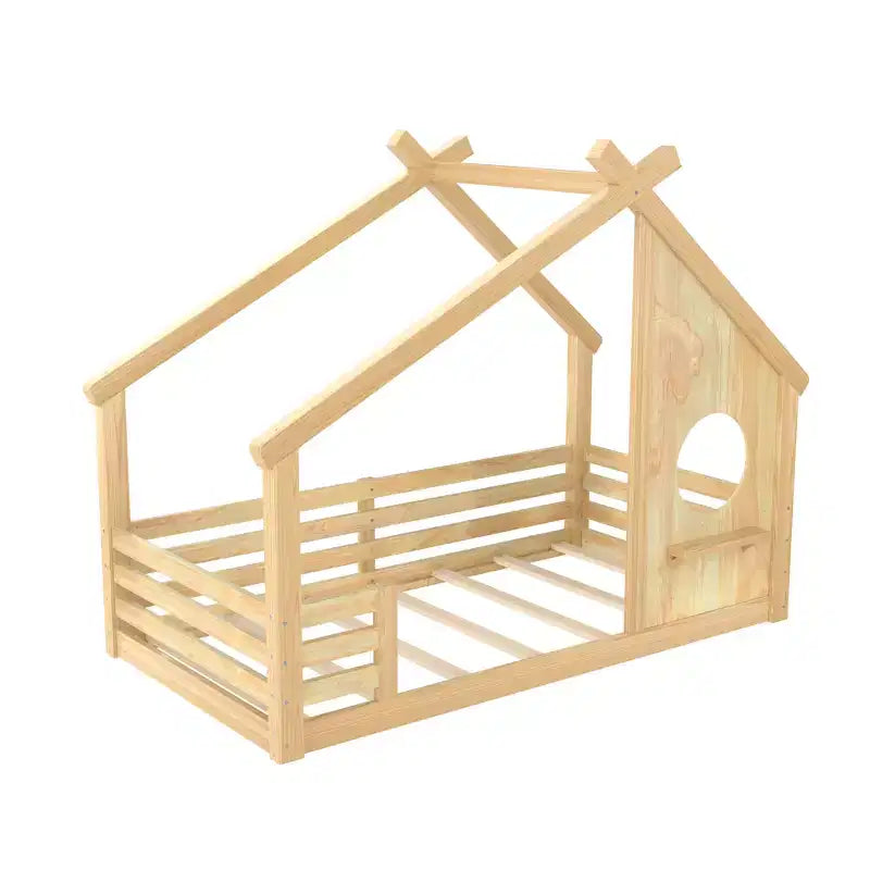 Twin/Full Size House Bed with Window and Shelf, Wood Floor Bed with Guardrails for Kids