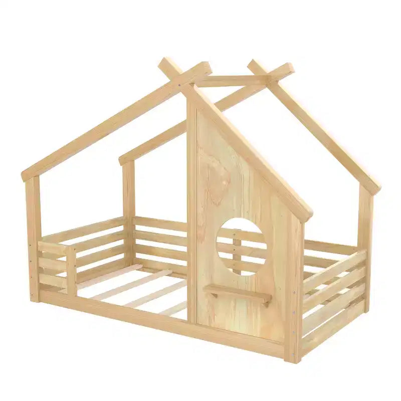 Twin/Full Size House Bed with Window and Shelf, Wood Floor Bed with Guardrails for Kids