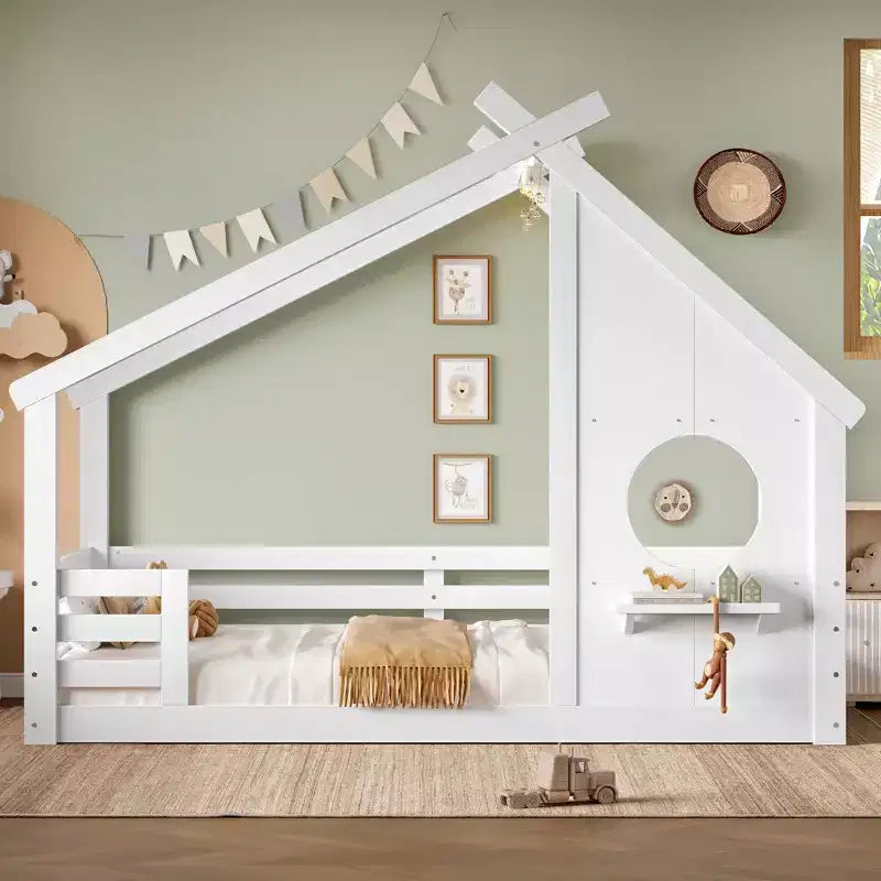 Twin/Full Size House Bed with Window and Shelf, Wood Floor Bed with Guardrails for Kids