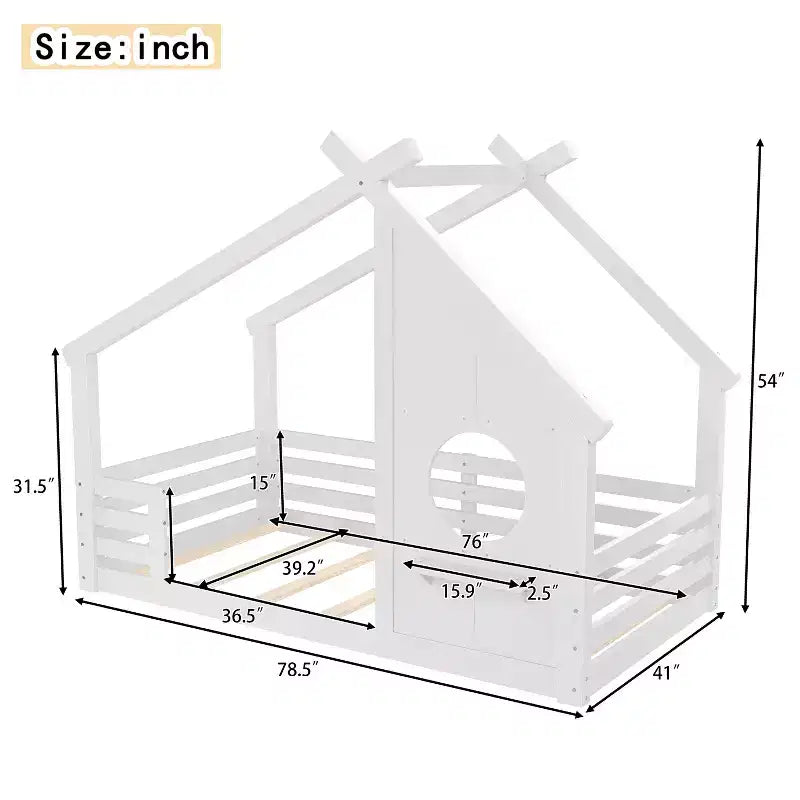 Twin/Full Size House Bed with Window and Shelf, Wood Floor Bed with Guardrails for Kids