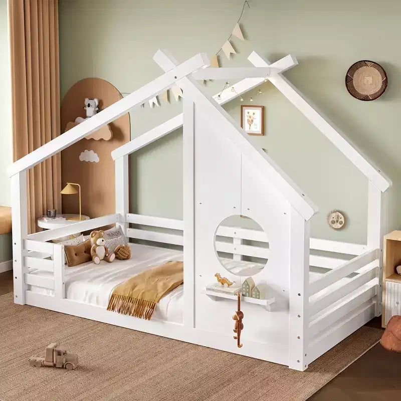 Twin/Full Size House Bed with Window and Shelf, Wood Floor Bed with Guardrails for Kids